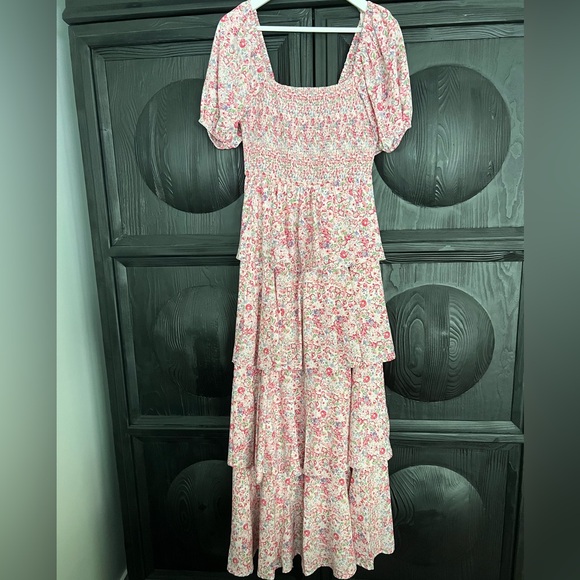 Pink Floral Tiered Maxi Dress with Smocked Bodice and Puff Sleeves - Picture 5 of 7